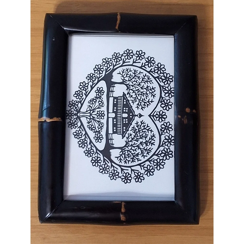 Black Faux Bamboo Picture Frame 5x7 Heart House Papercut Art Tabletop Decor